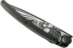 Deejo Tattoo Black 37g, Ebony Wood, Latino Skull 1GB106 Pocket Knife -Chic Knife Store DJ1GB106 04 deejo